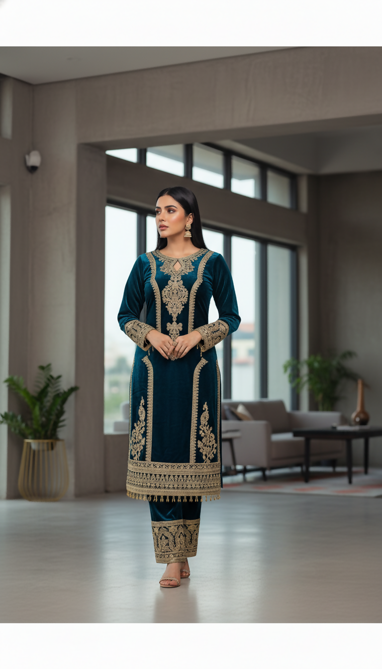 Joban Fashion Teal Kurta Set Velvet Embroidery Sequence Work