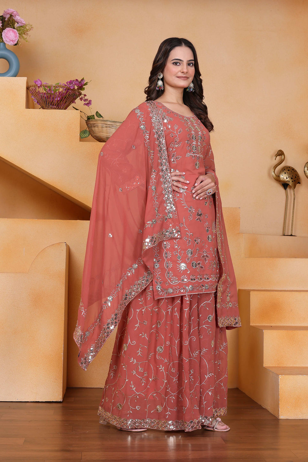 Lehenga Mart Designer Sharara Suit With Kurta, Sharara, Dupatta For Women-Rust Orange