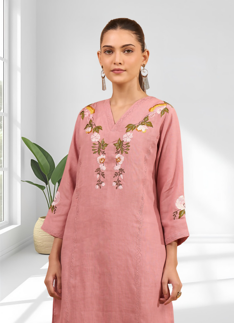 Joban Fashion Pink Linen Embroidered Readymade Long Kurta With Pant