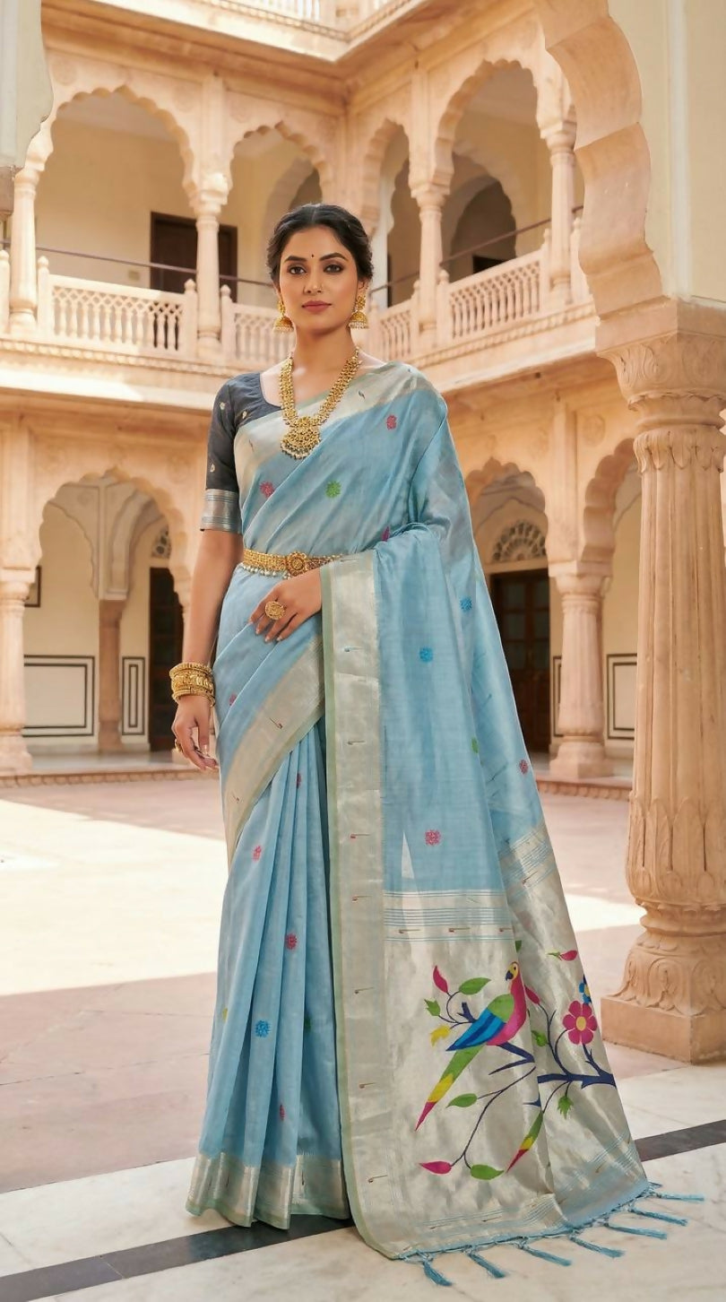 Vastranavya Sky Blue Muga Cotton Meenakari & Munia Weaving Pallu Saree with Contrast Blouse