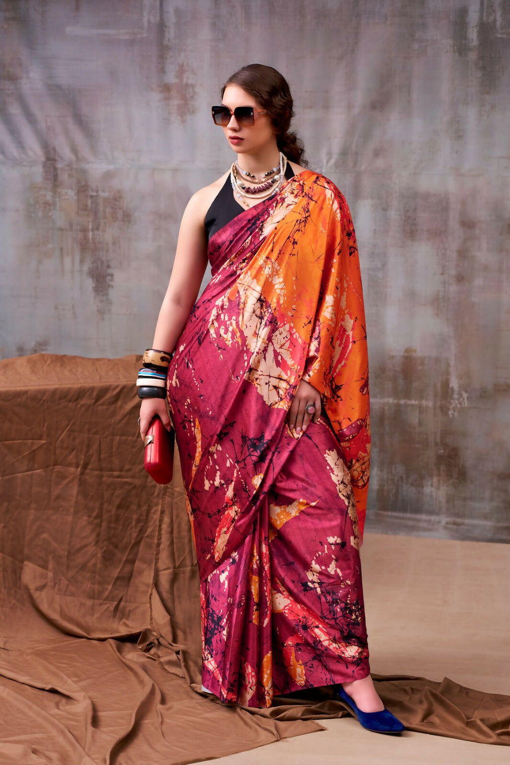 Vastranavya Maroon Satin Silk Printed Saree with a Natural Silk Unstitched Blouse