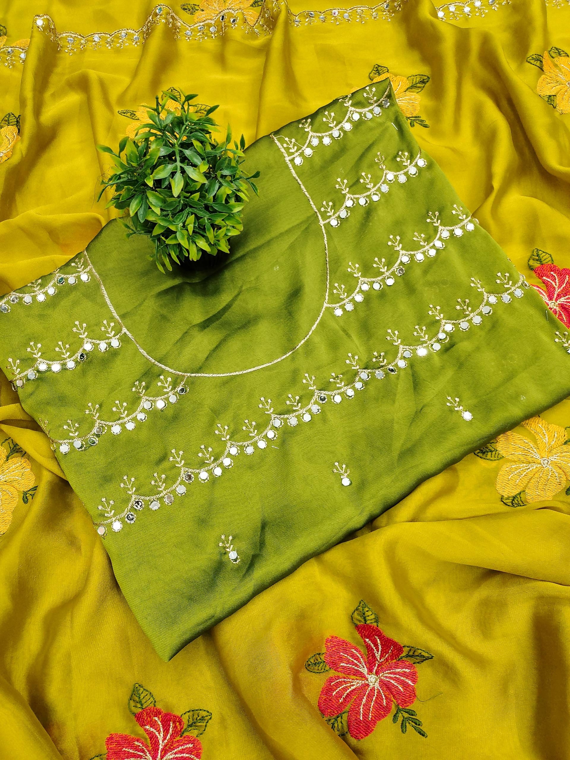 Teeya Creation Yellow Rangoli Silk Embroidery Work Party Wear Designer Saree