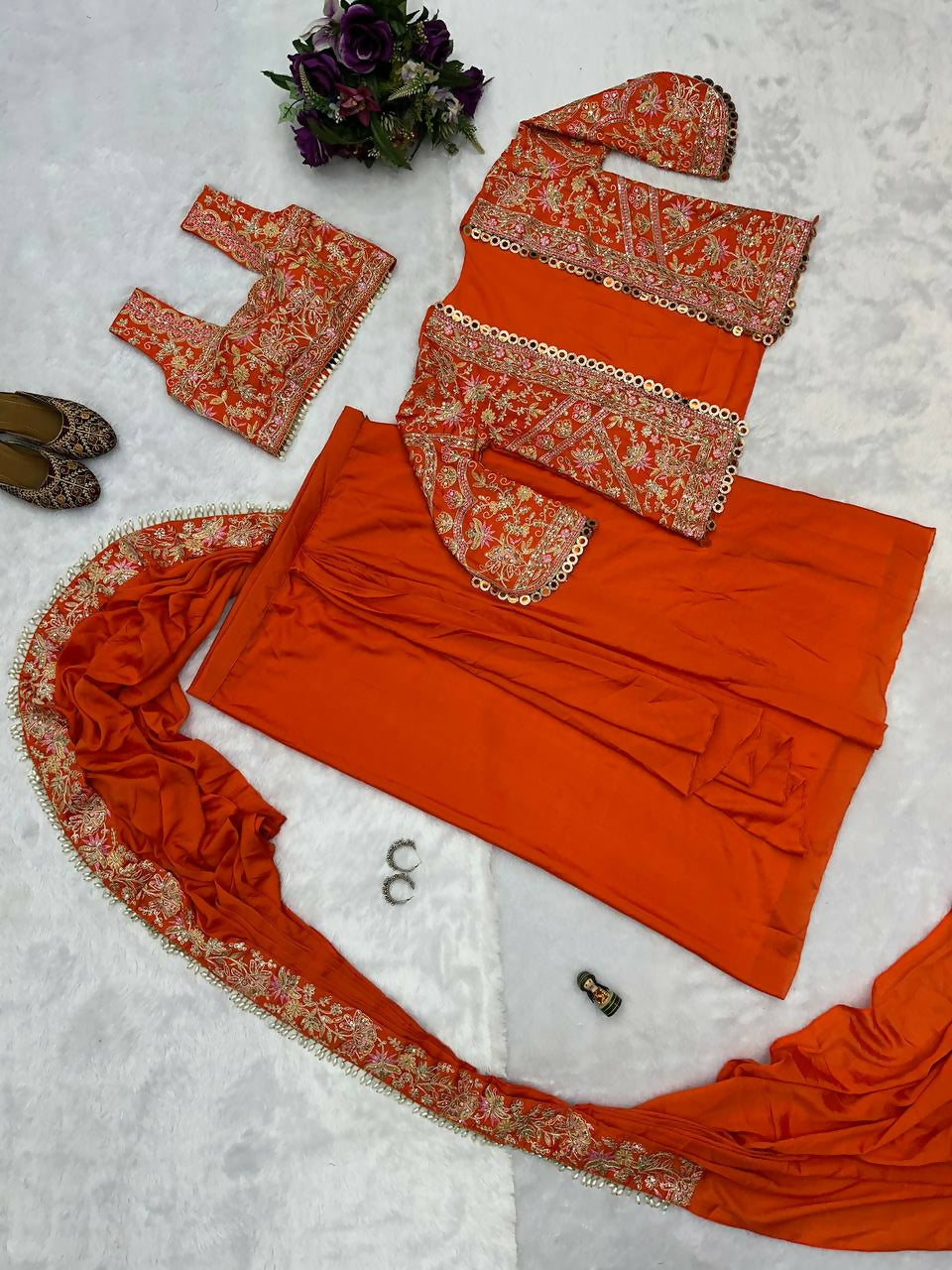 Teeya Creation Orange Color Chinon Silk Embroidery Work Ready To Wear Party Wear Saree With Koti