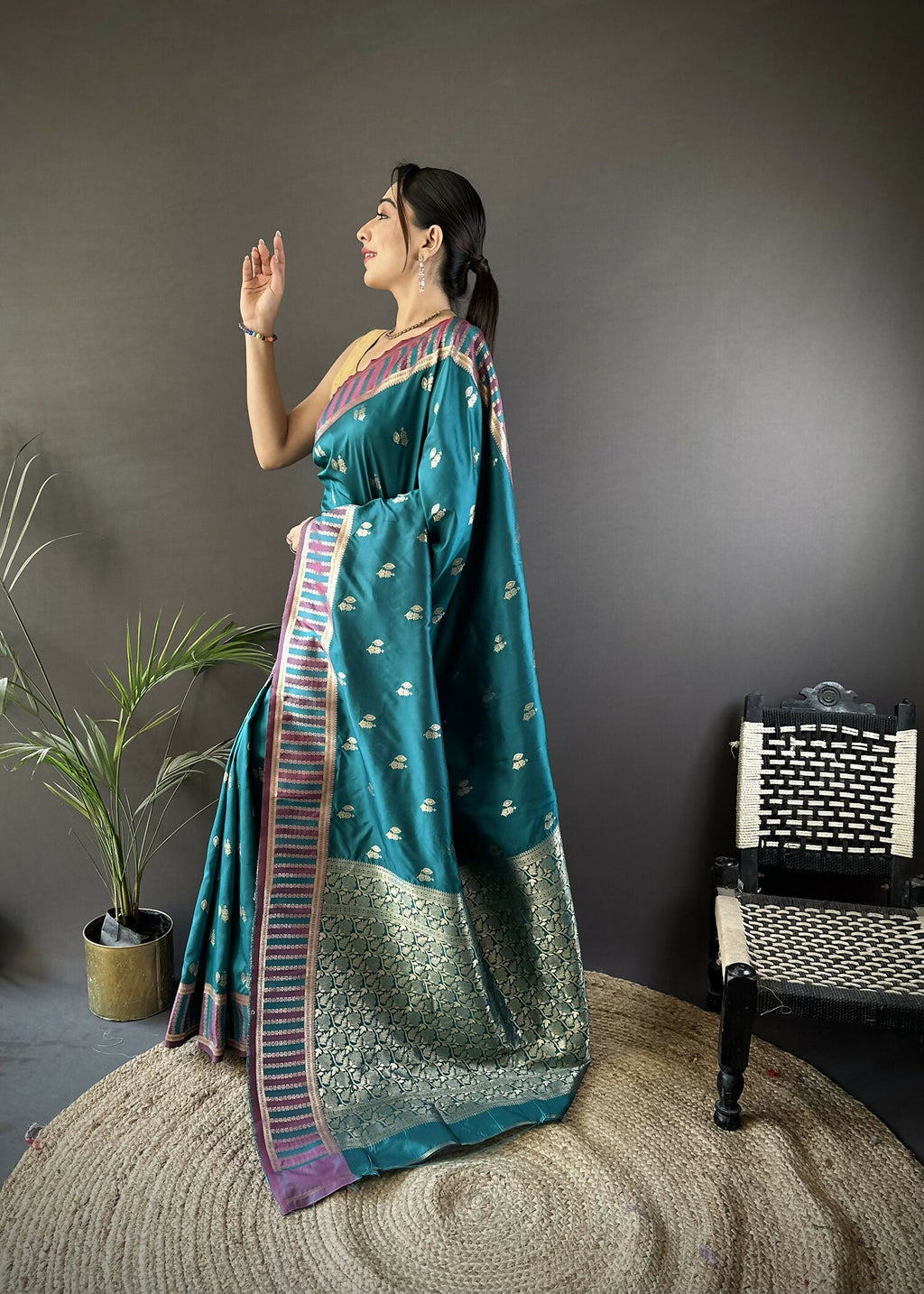 Joban Fashion Teal Blue Woven Zari Motifs Lichi Silk Banarasi Silk Saree