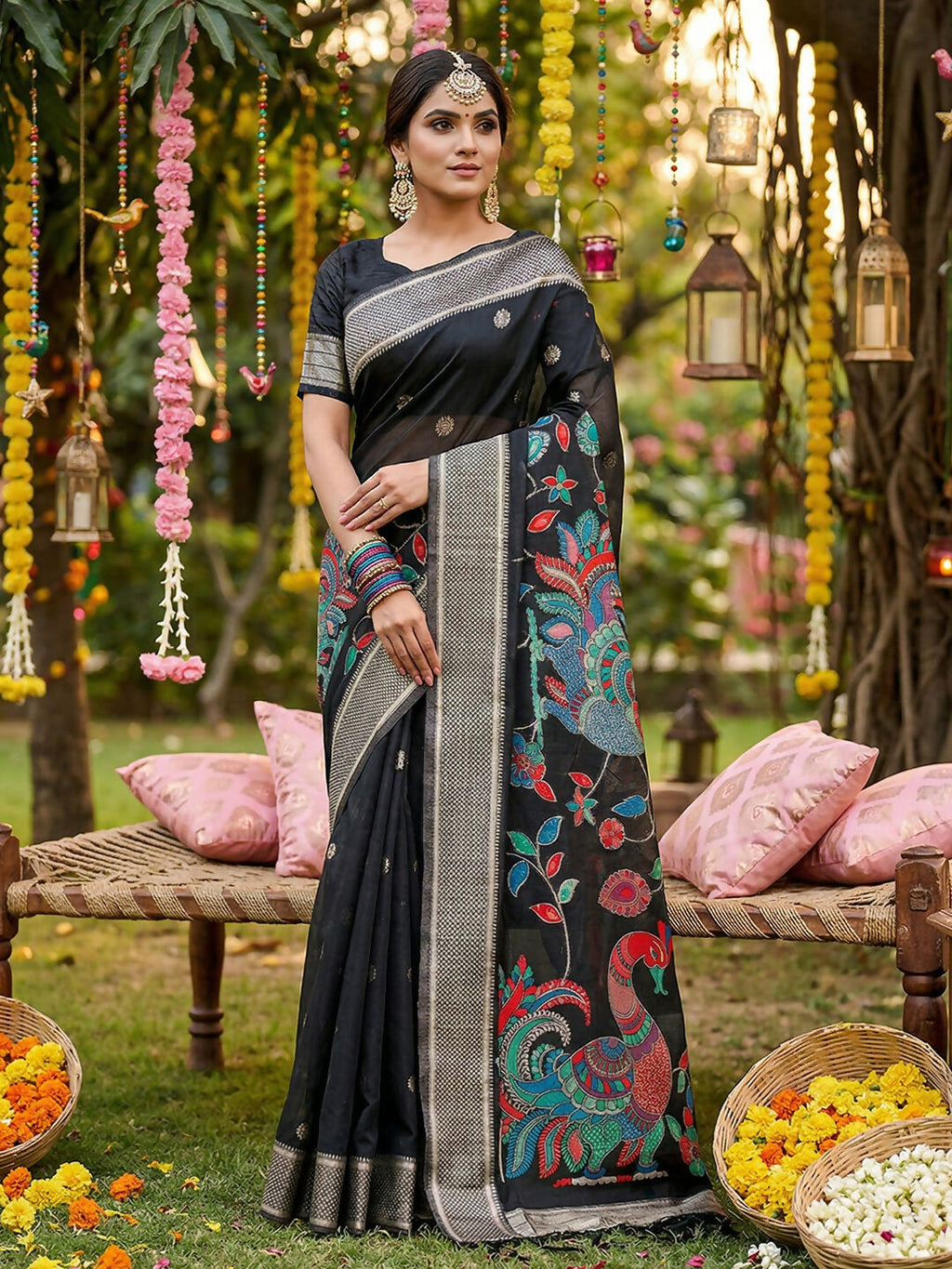 Shree Shyam Fashion Black Linen Cotton Saree