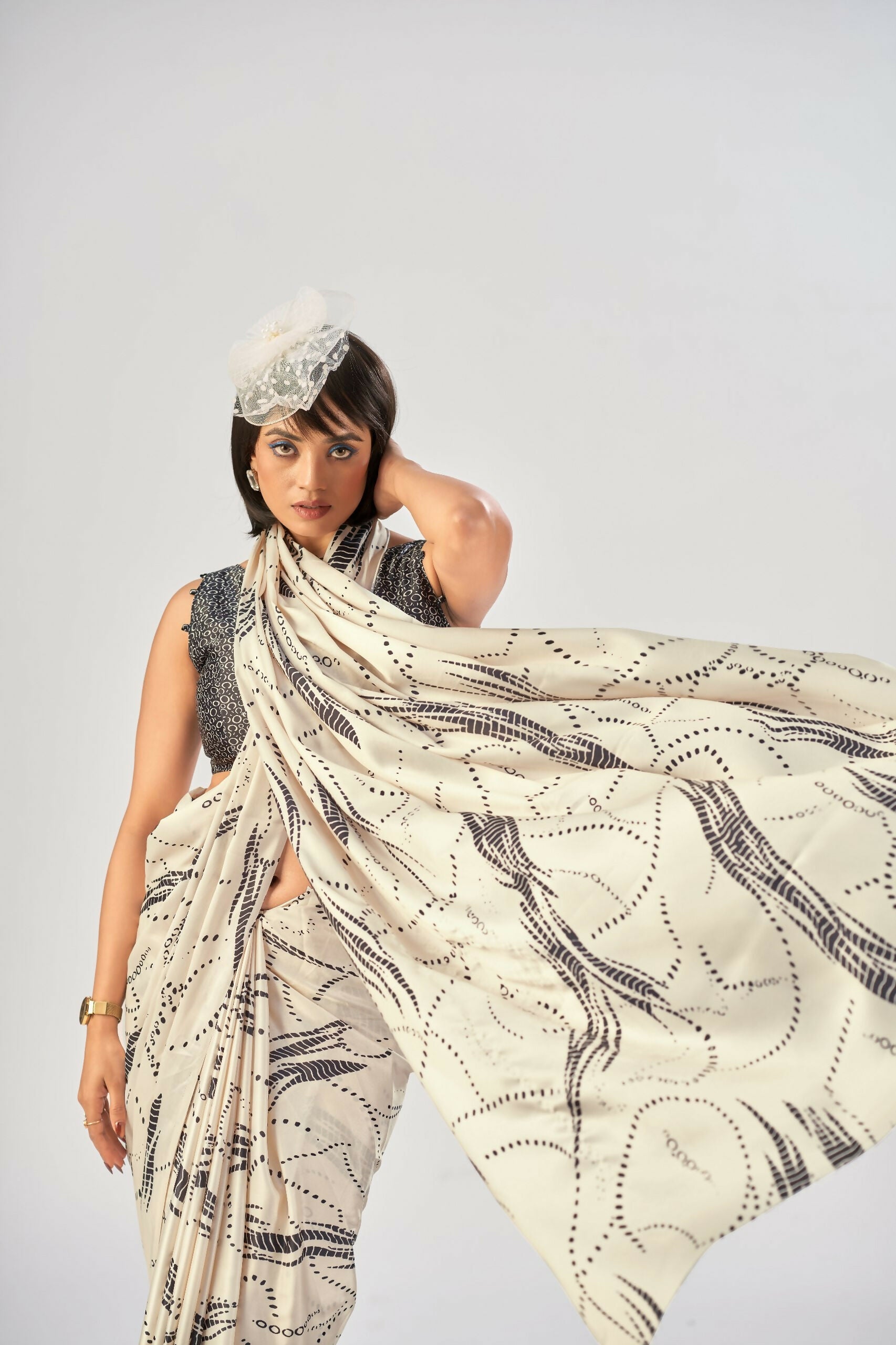 Vastranavya Off White Satin Silk Elegant Printed Saree with Unstitched Blouse