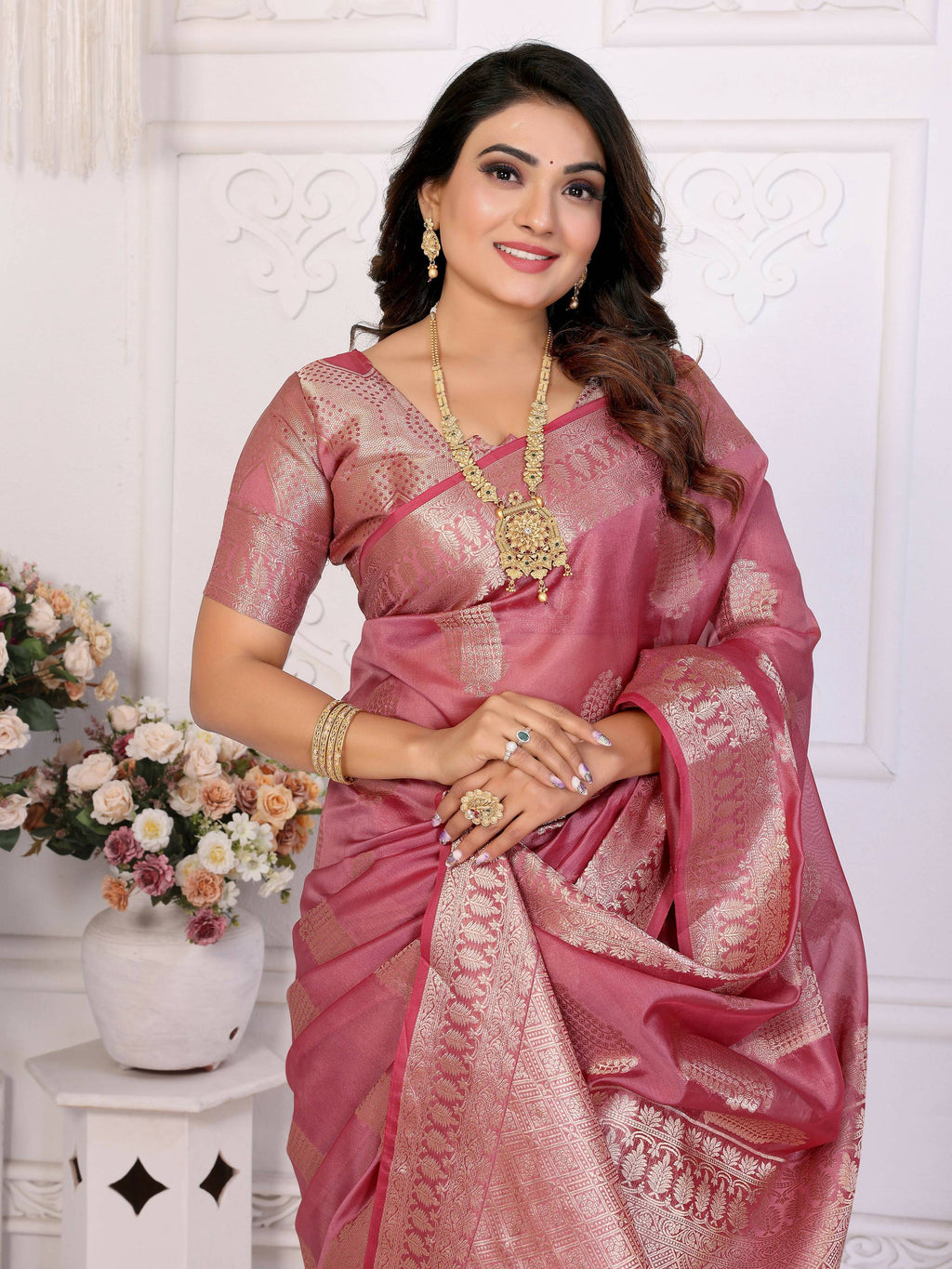 Aastha Fashion Dusty Rose Soft Organza Silk Weaving Saree