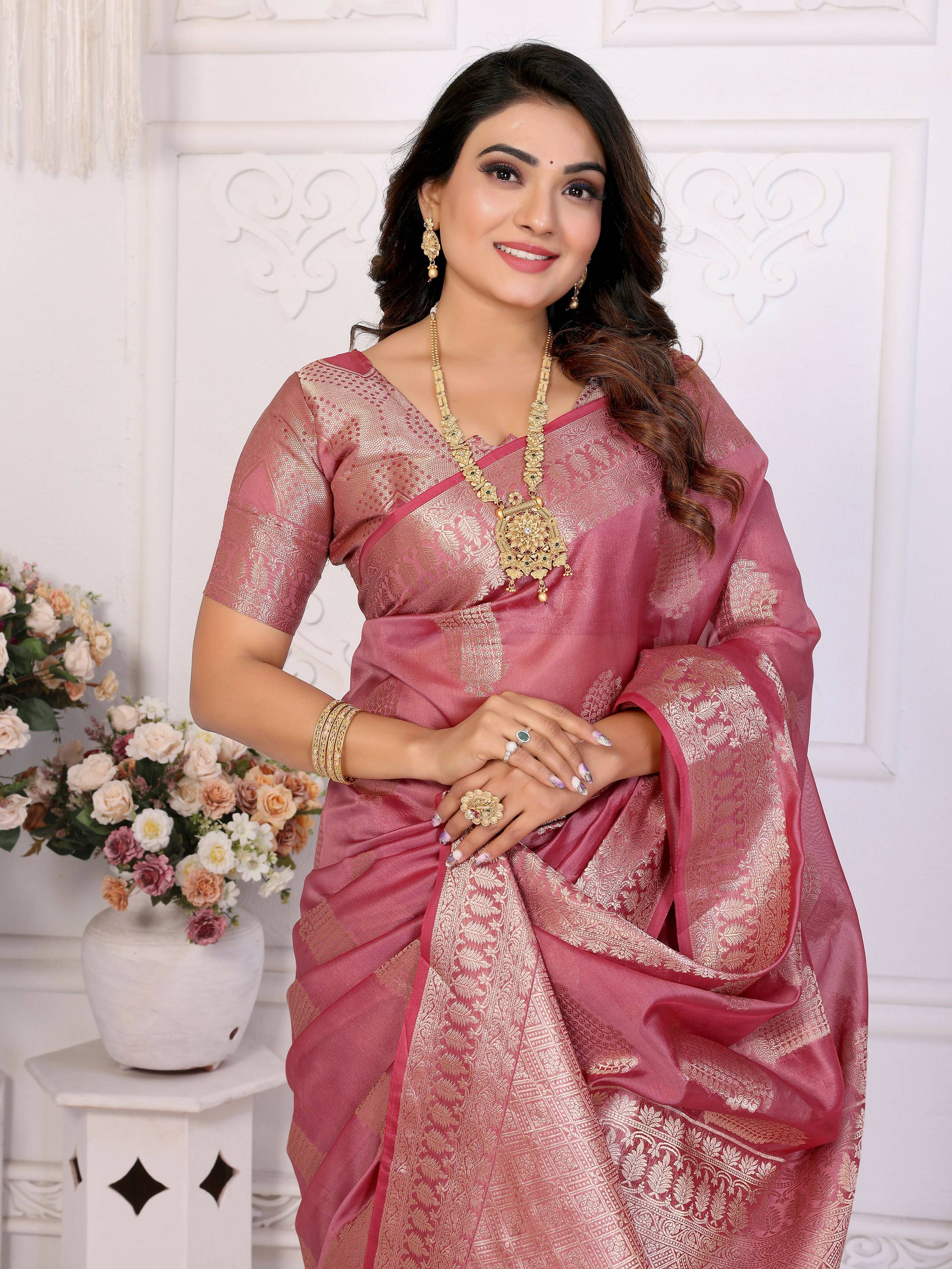 Aastha Fashion Dusty Rose Soft Organza Silk Weaving Saree