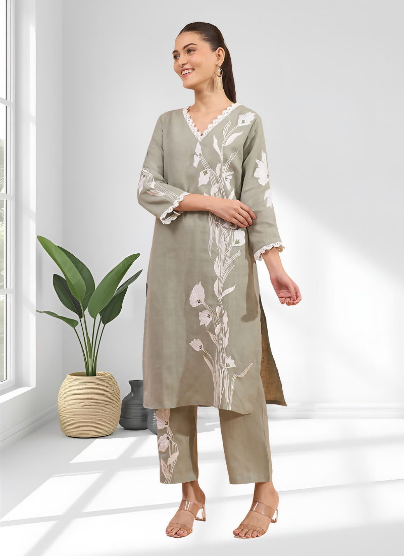 Joban Fashion Gray Linen Embroidered Readymade Long Kurta With Pant