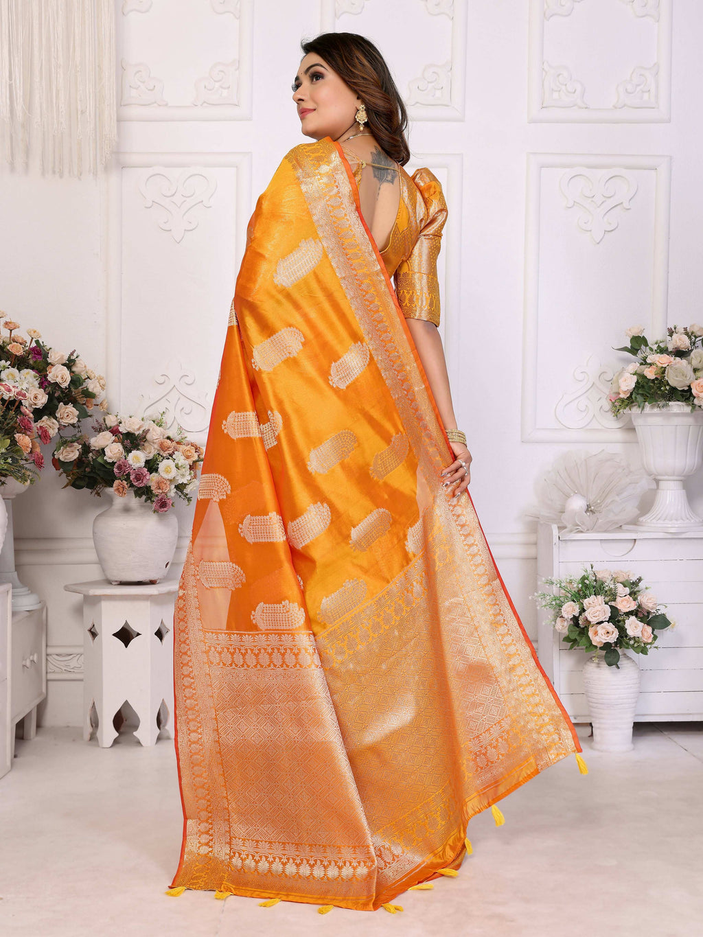 Aastha Fashion Yellow Soft Organza Silk Weaving Saree