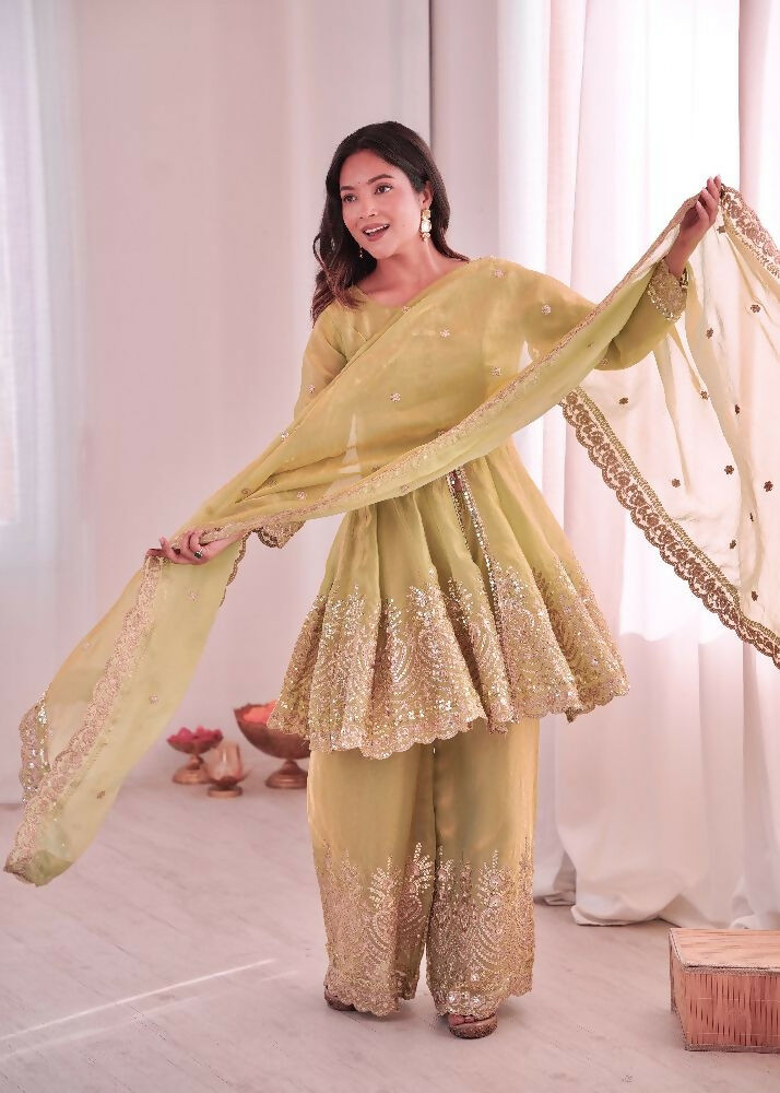 Teeya Creation Pista Color Fendy Satin Silk Embroidery Work Party Wear Salwar Suit