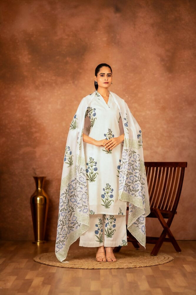 Joban Fashion Off White Blue Hand Block Printed Cotton Suit Set