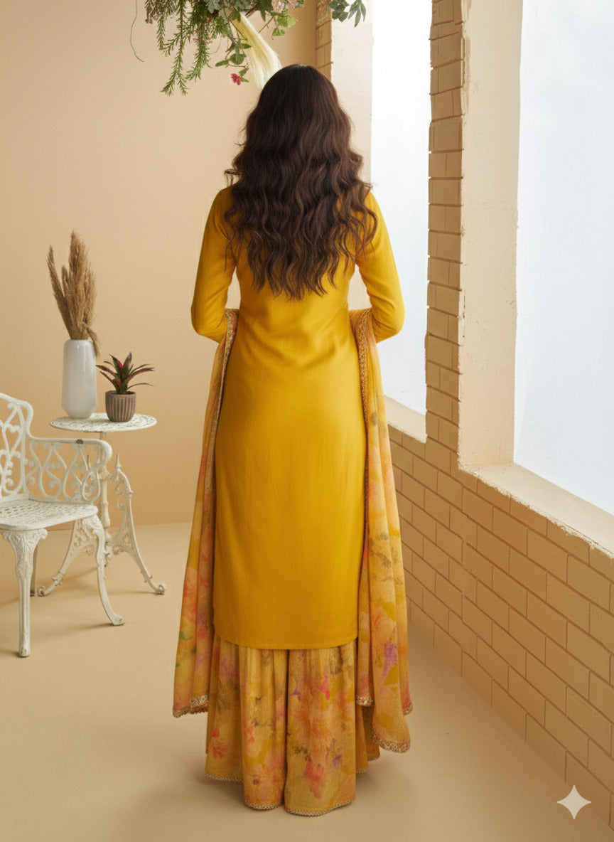Evanik Women Yellow Chinon Silk Zari Embroidered Sequins Sharara Suit