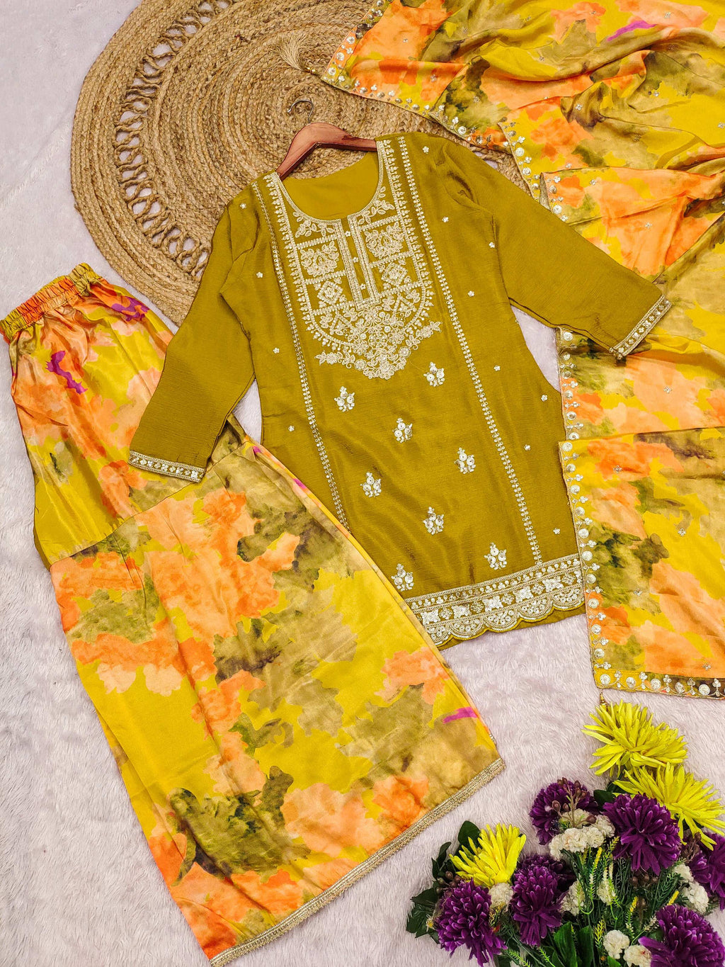 Evanik Women Yellow Chinon Silk Zari Embroidered Sequins Sharara Suit