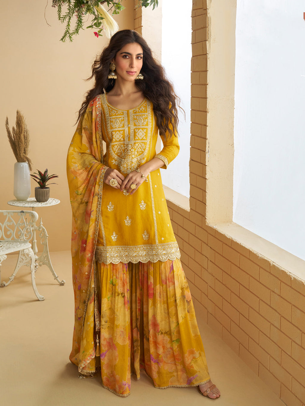 Evanik Women Yellow Chinon Silk Zari Embroidered Sequins Sharara Suit