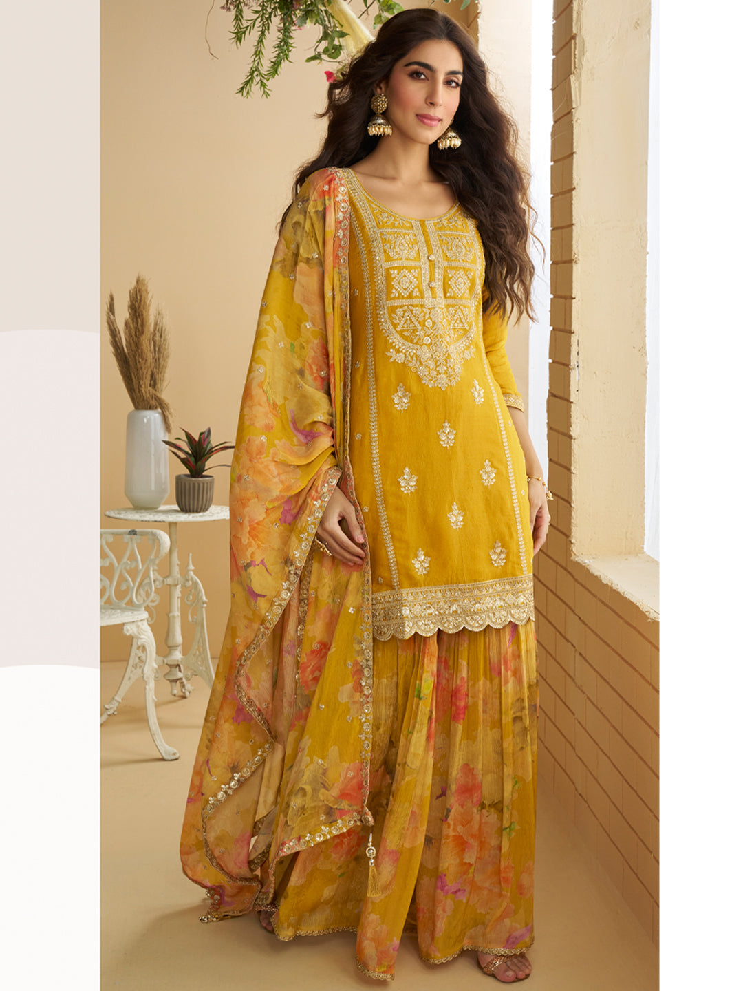 Evanik Women Yellow Chinon Silk Zari Embroidered Sequins Sharara Suit