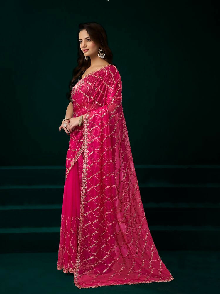 Joban Fashion Rani Pink Net Party Wear Sarees