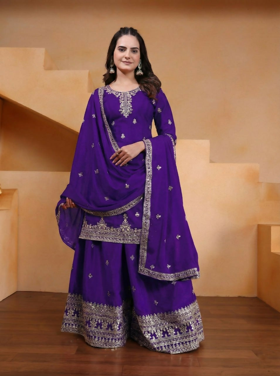 Teeya Creation Purple Color Chinon Silk Wedding Wear Trending Palazzo Set