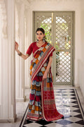 Vastranavya Maroon Viscose Chanderi Printed with Temple Border Saree & Unstitched Blouse
