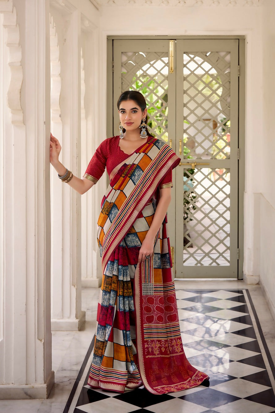 Vastranavya Maroon Viscose Chanderi Printed with Temple Border Saree & Unstitched Blouse