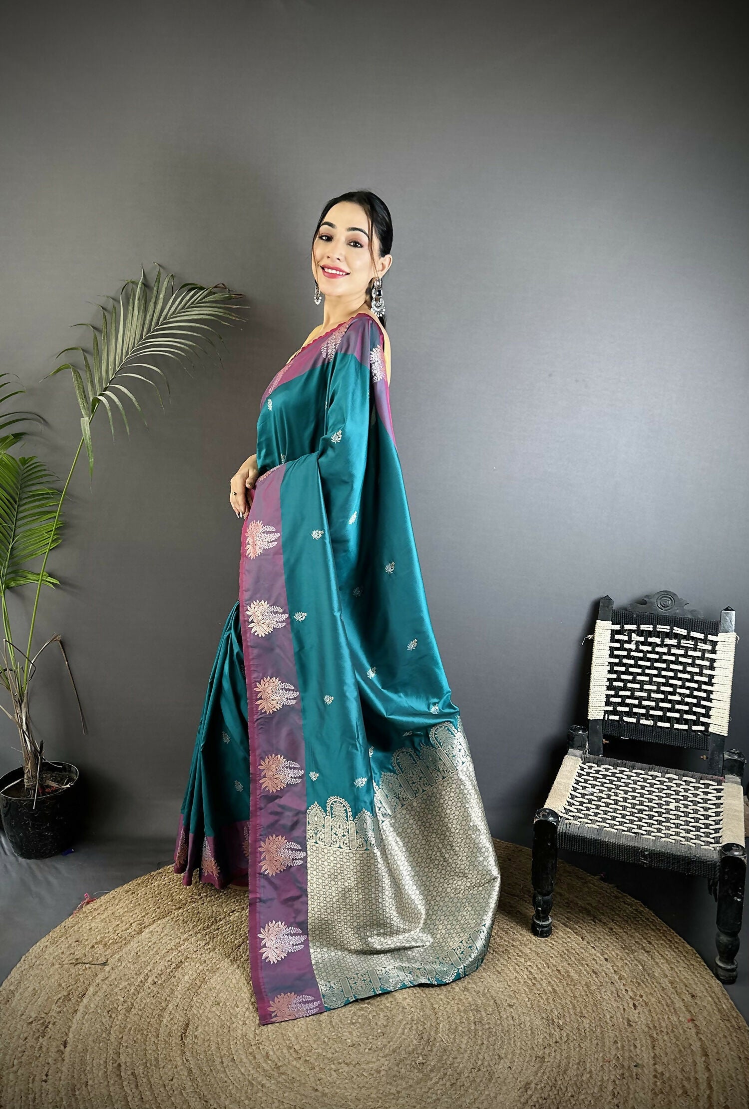 Joban Fashion Teal Small Butti Soft Silk Banarasi Saree
