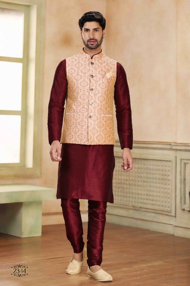 Raivat Ethnic Jacquard Banarasi Silk Woven Work 3 Pics Jacket Set In Beige Maroon Colour