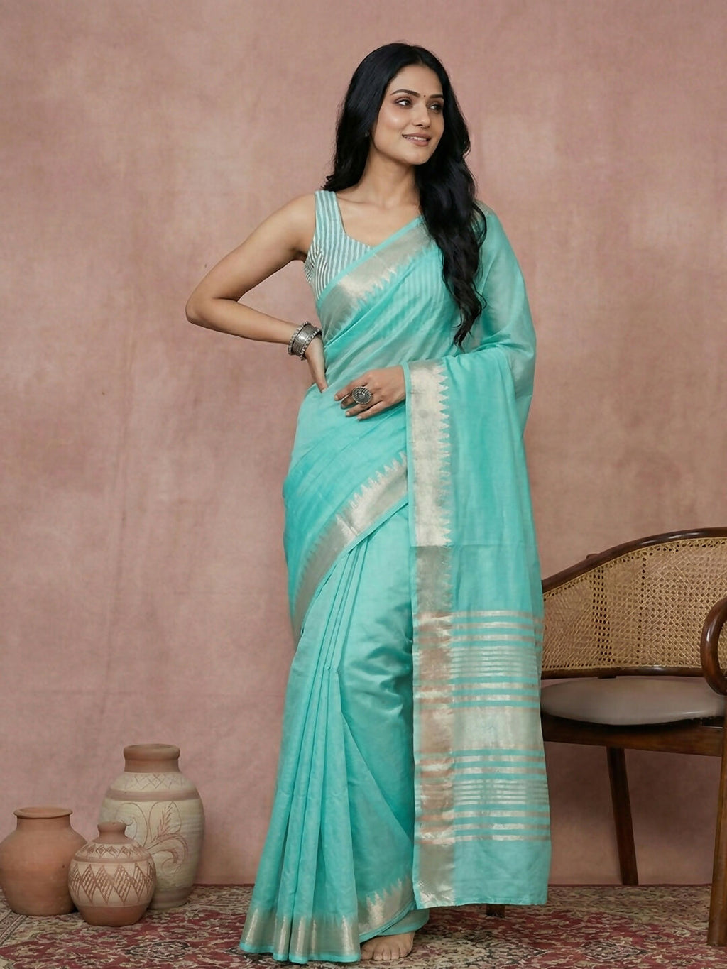Shree Shyam Fashion Turquoise Cotton Saree