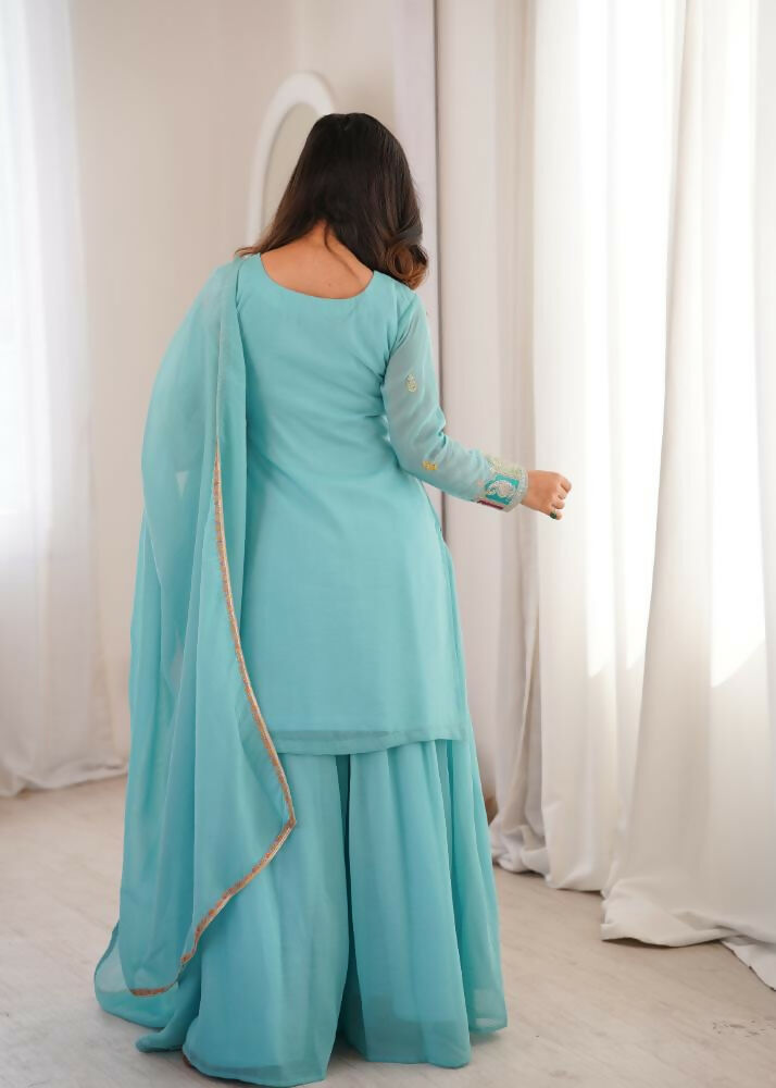 Lehenga Mart Designer Sharara Suit With Kurta, Sharara, Dupatta For Women-Sky Blue