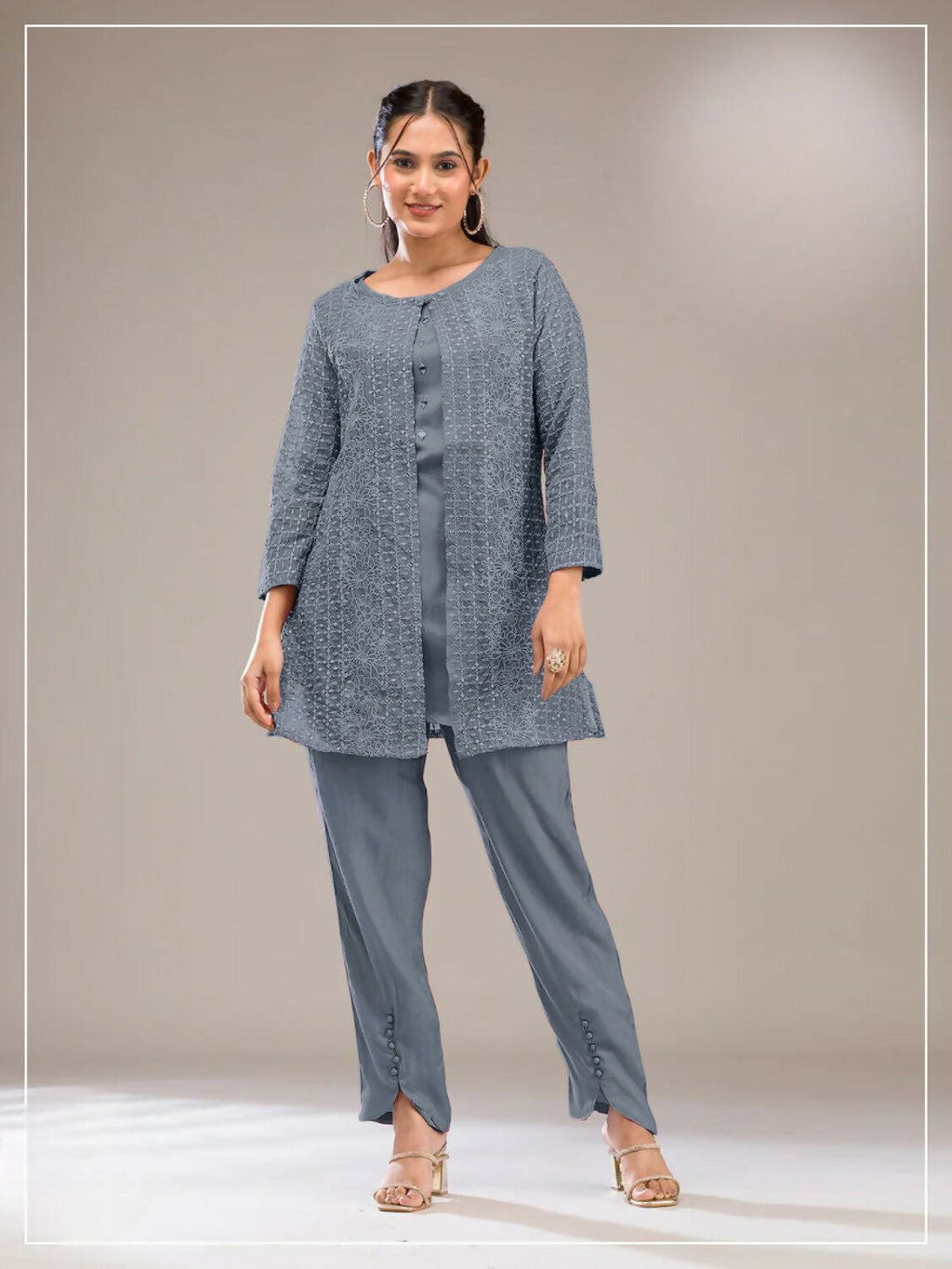 Anaita Grey Faux Georgette Readymade 2 Piece Set with Embroidery Work
