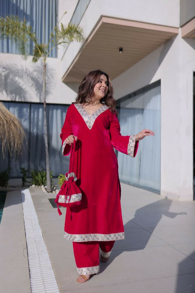 Joban Fashion Pink Kurta Set Velvet Sequins , Zari, Coding & Thread Embroidered work