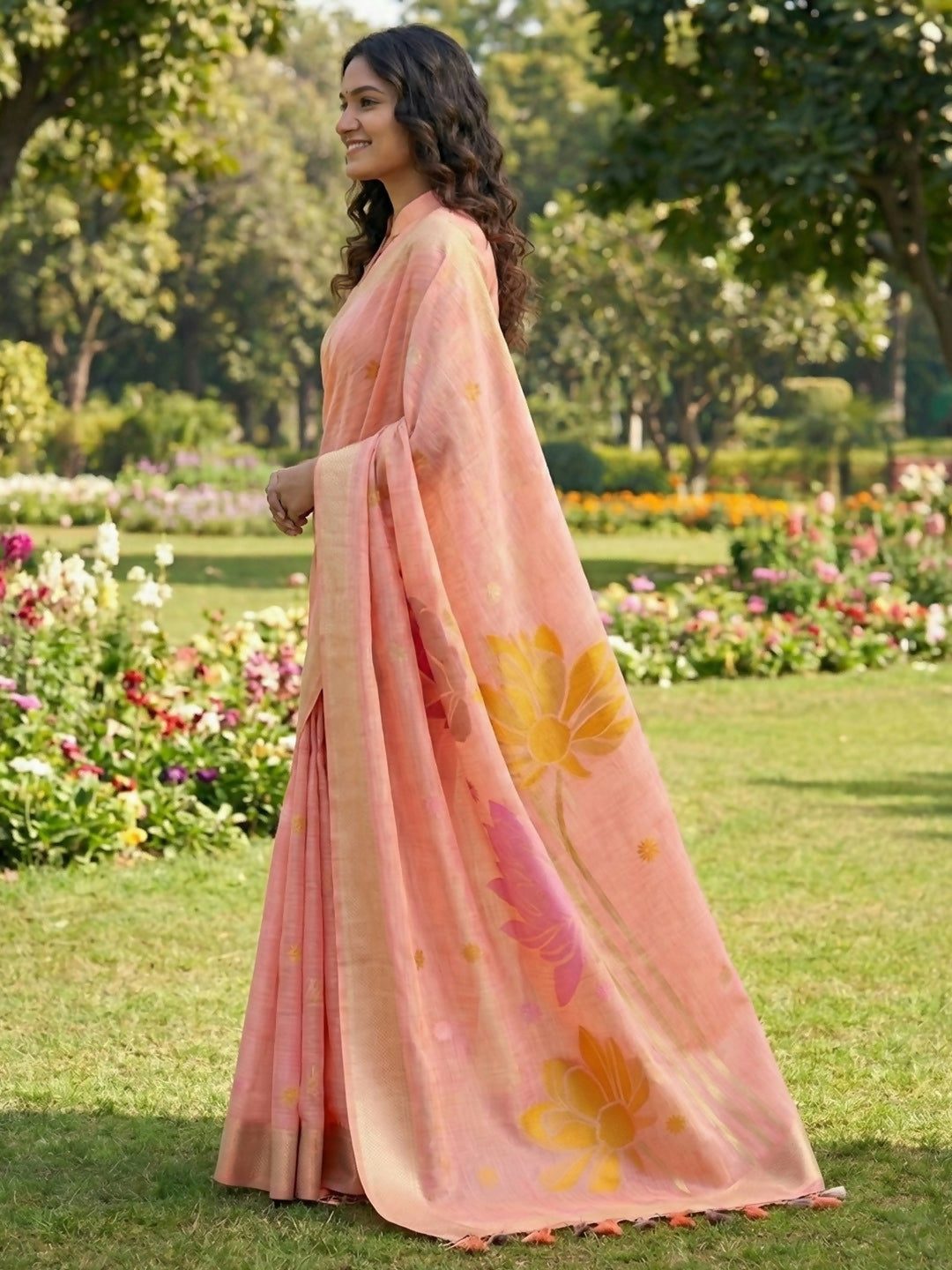 Shree Shyam Fashion Peach Linen Cotton Saree