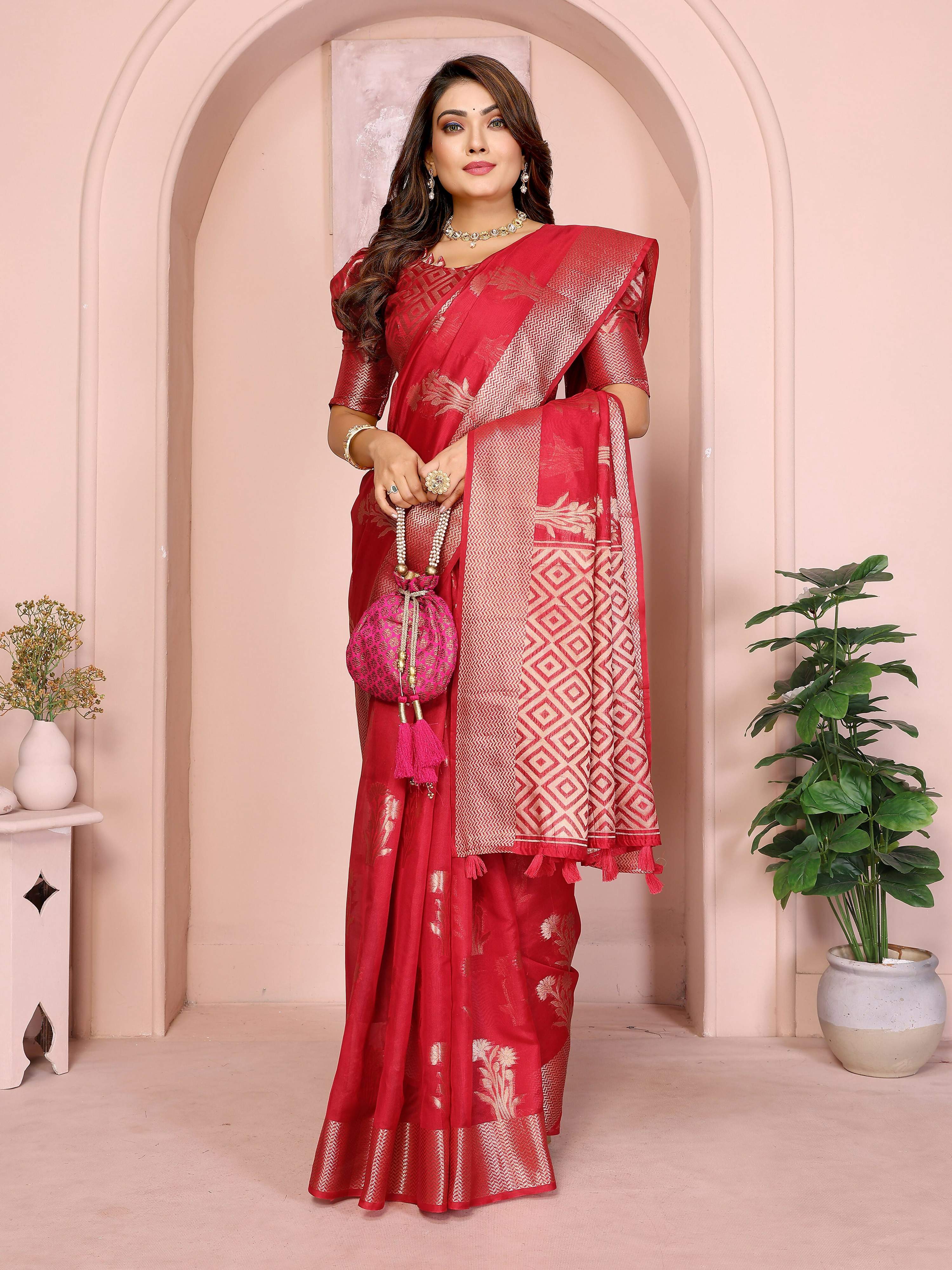 Aastha Fashion Red Soft Organza Silk Weaving Saree
