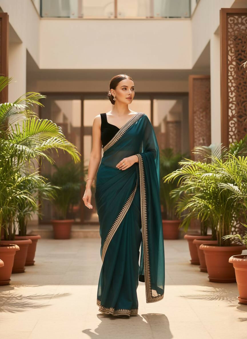 Joban Fashion Petrol Soft twill Net Party Wear Sarees