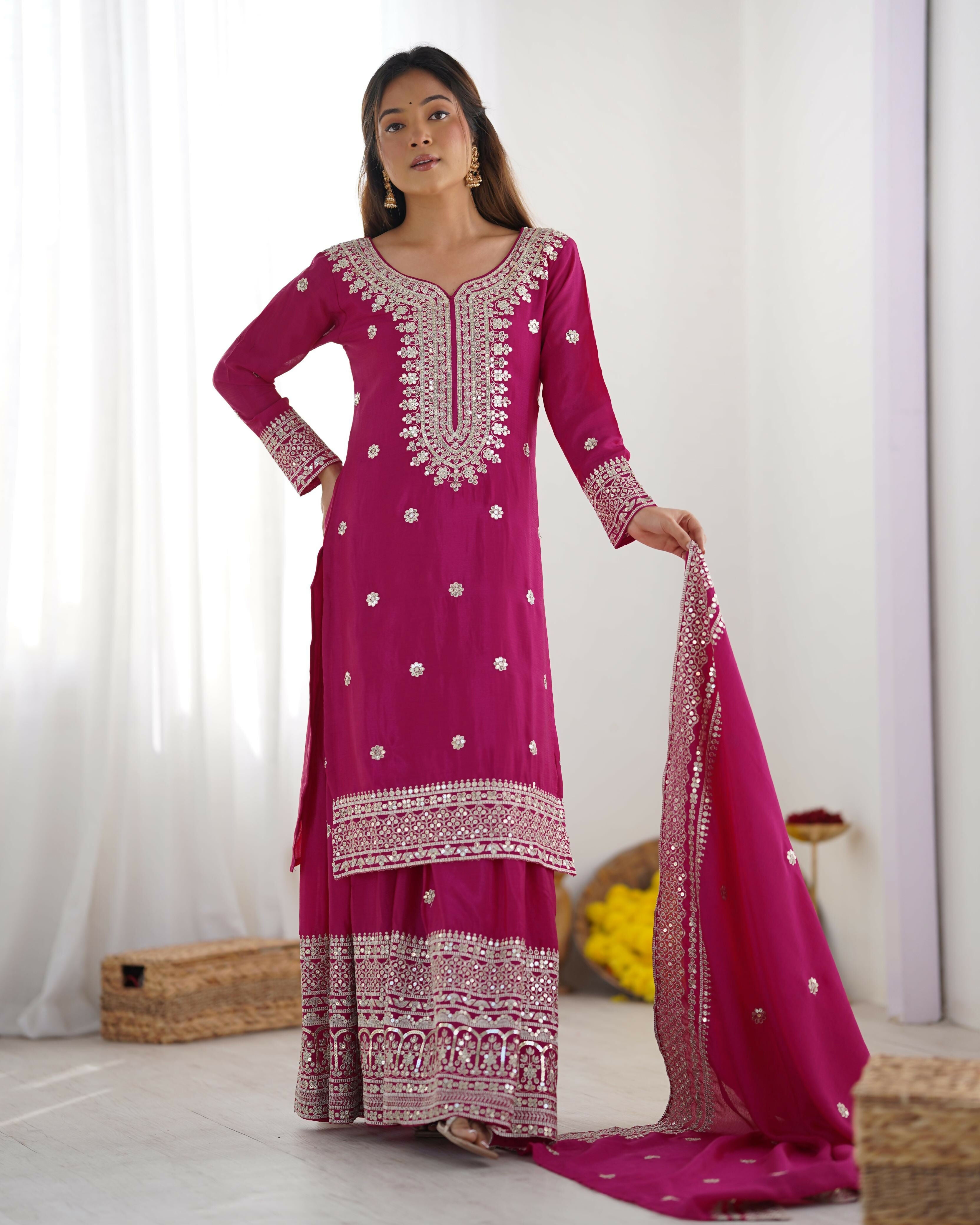Joban Fashion Pink Kurta Set Silk Sequins , Zari, Coding & Thread Embroidered work