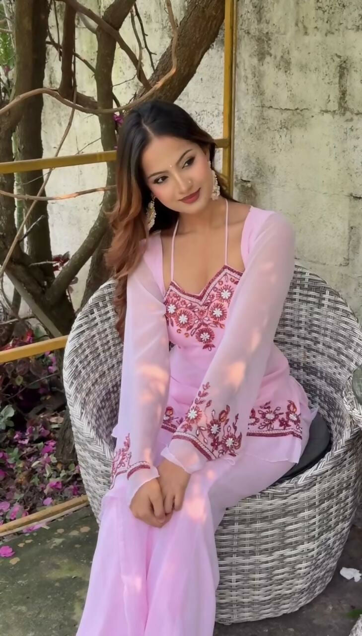 Teeya Creation New Womens Trendy Embroidery Sequence Work Pink Kurta Set