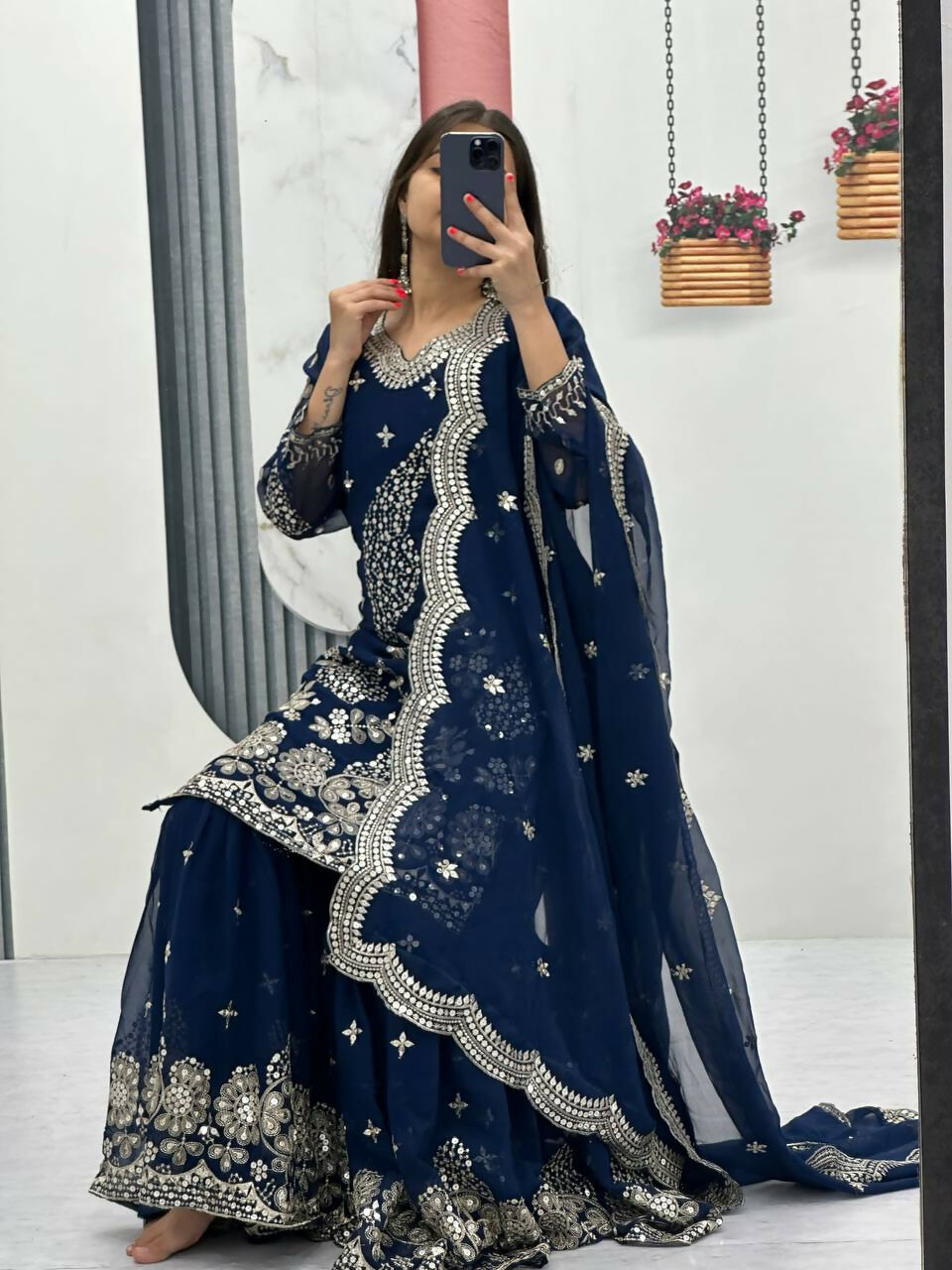 Teeya Creation Womens New Heavy Fox Georgette Fabric With Heavy Embroidery Work Dark-Navy-Blue Kurta Set