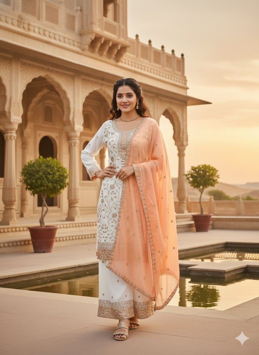 Teeya Creation White Color Faux Georgette Embroidery Work Long Party Wear Palazzo Suit