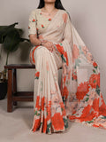 Vastranavya Off White Weightless Marble and Floral Printed Georgette Saree with Unstitched Blouse