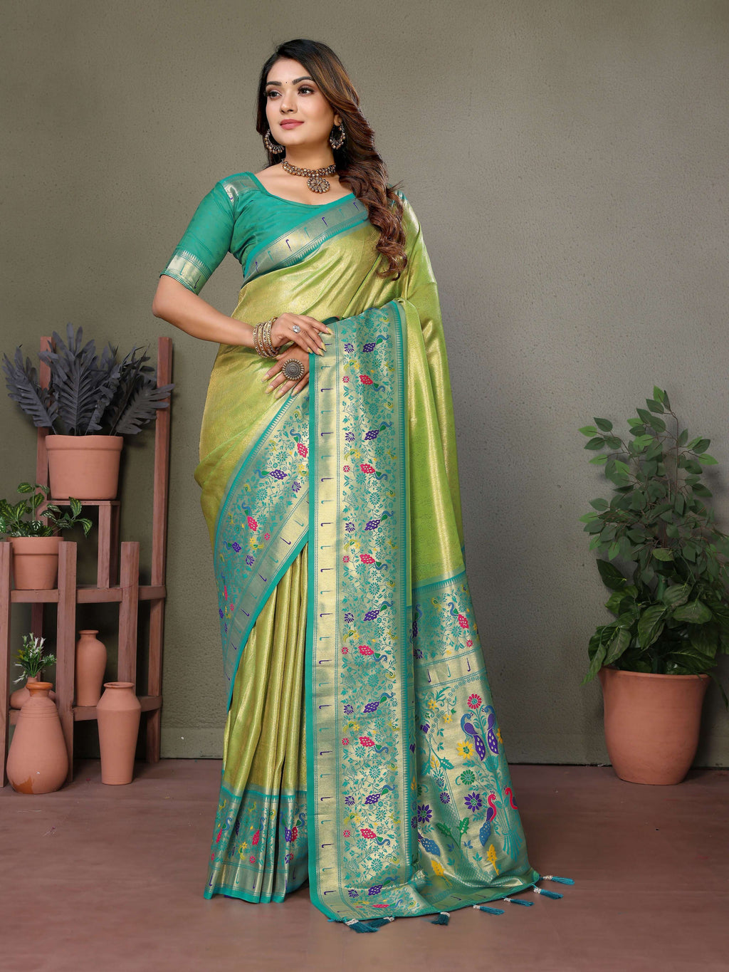 Aastha Fashion Pista Tissue Silk Paithani Woven Saree