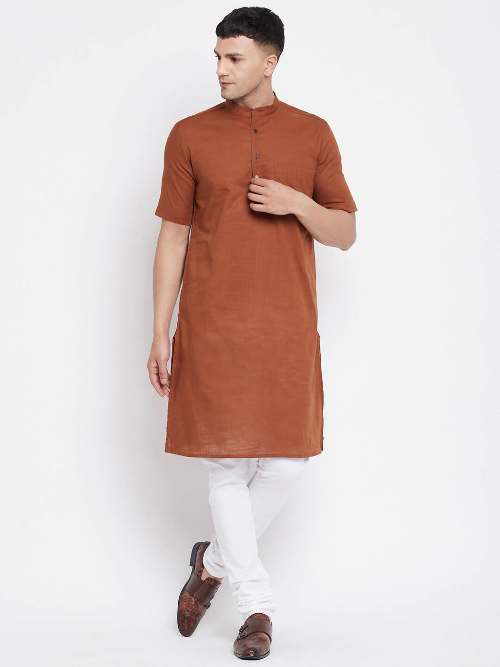 Even Apparels Brown Pure Cotton Men's H/S Kurta With Band Collar