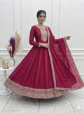 Teeya Creation Dark Rani Color Vichitra Silk Embroidery Work Party Wear Long Gown