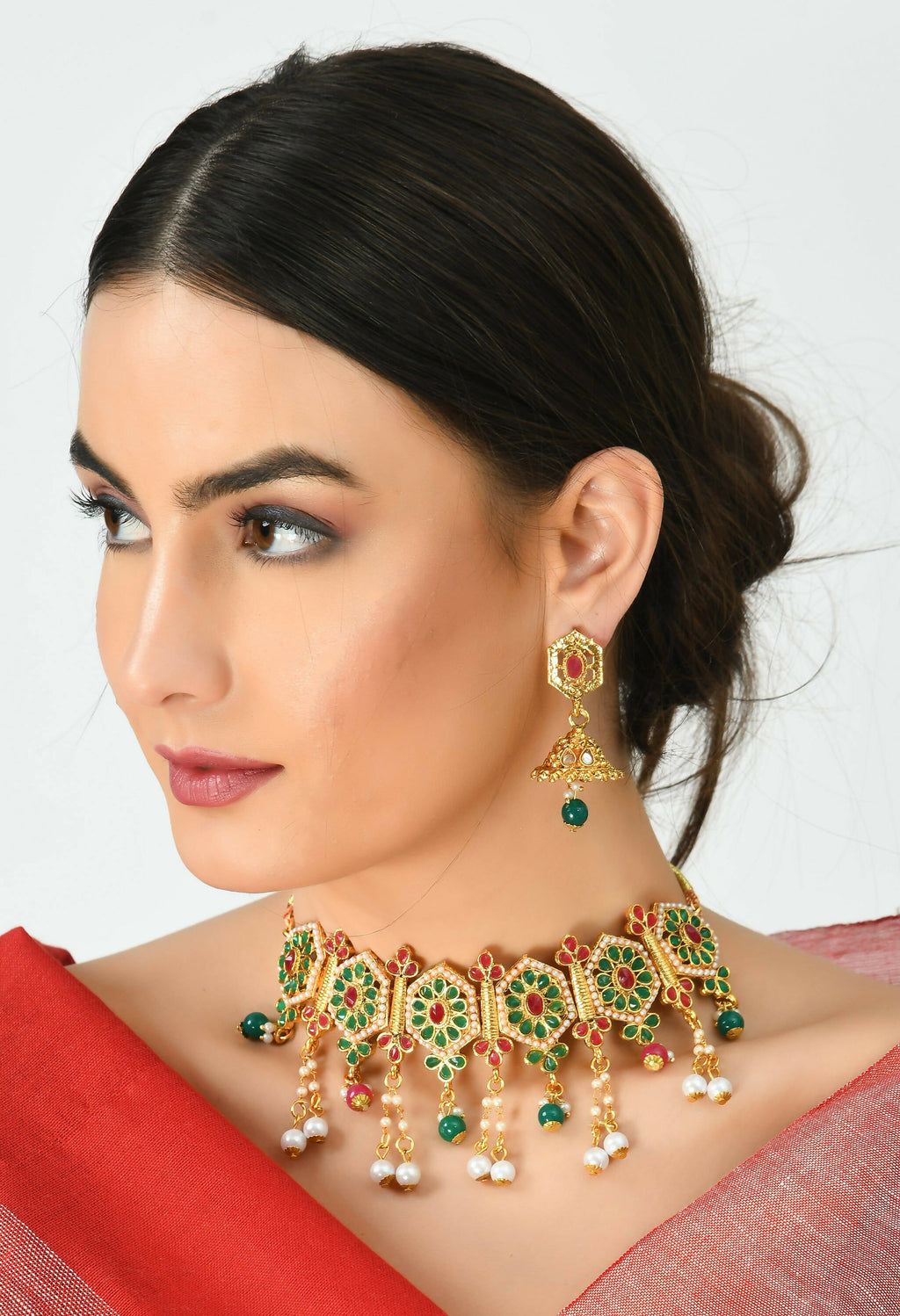 Mominos Fashion Johar Kamal Women Gold-Polished Brass Finish Meena & Pearls Work Choker