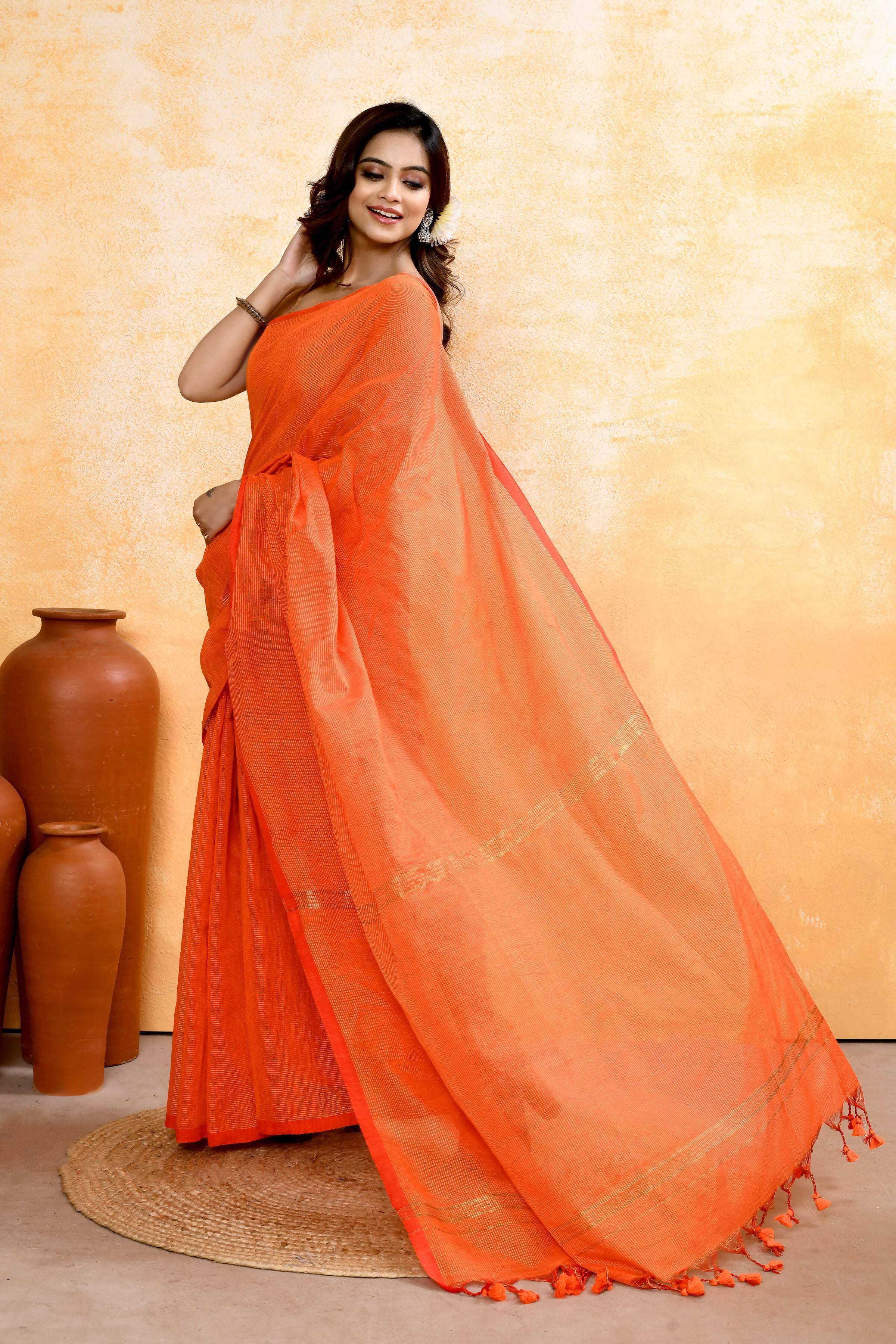 Piyari Fashion Women's Orange Embellished Cotton Blend Zari Check Handloom Saree