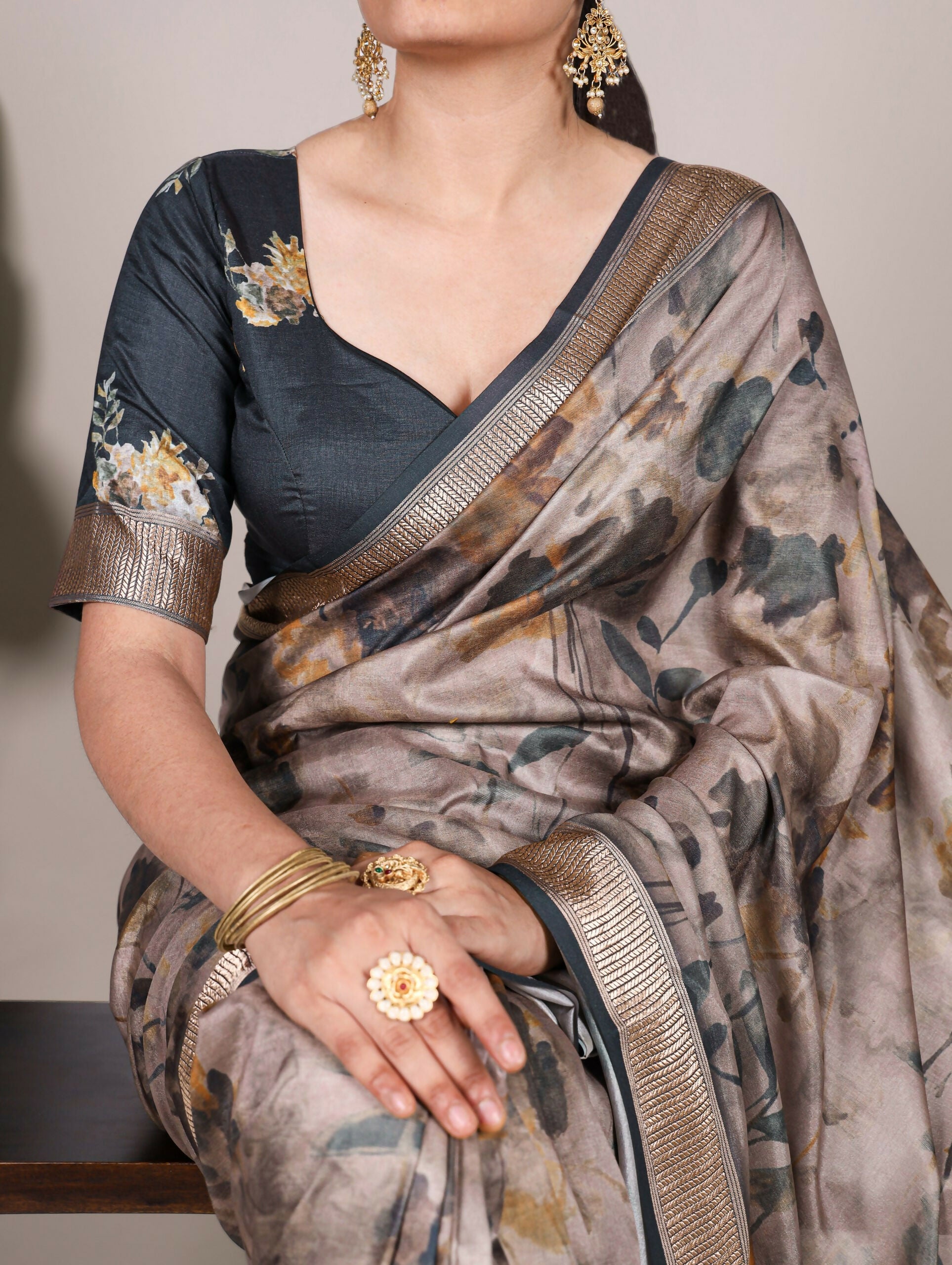Vastranavya Mehendi Tussar Silk Printed with Viscose Border Saree with Unstitched Blouse
