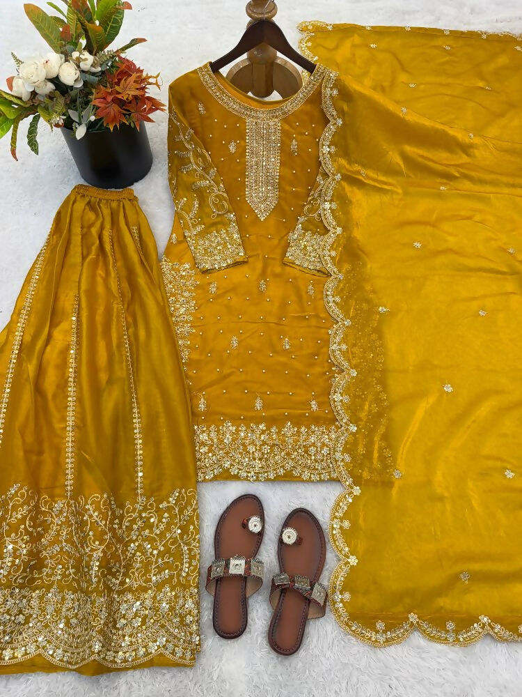 Teeya Creation Yellow Color Fendy Silk Embroidery Work Wedding Wear Salwar Suit