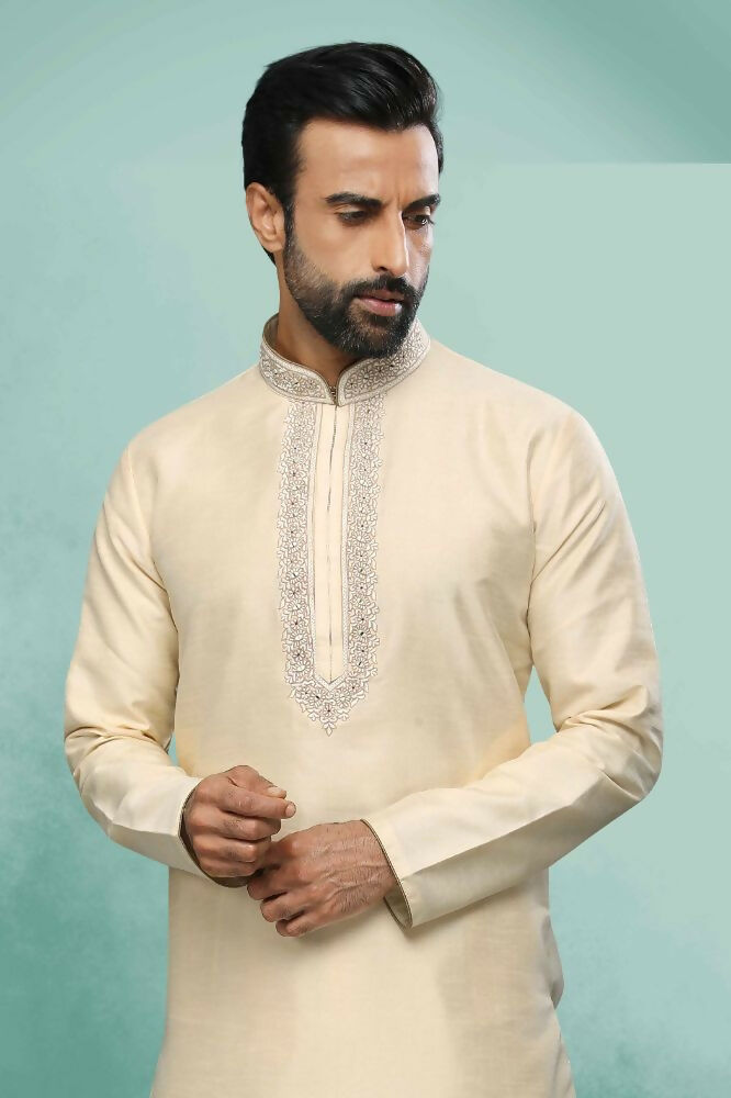 Raivat Ethnic Art Silk Mirror Embroidery Work Kurta Pajama In Cream Colour