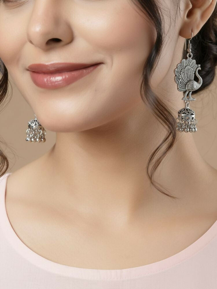 NVR Women Peacock Design German Silver Oxidised Jhumka Earrings