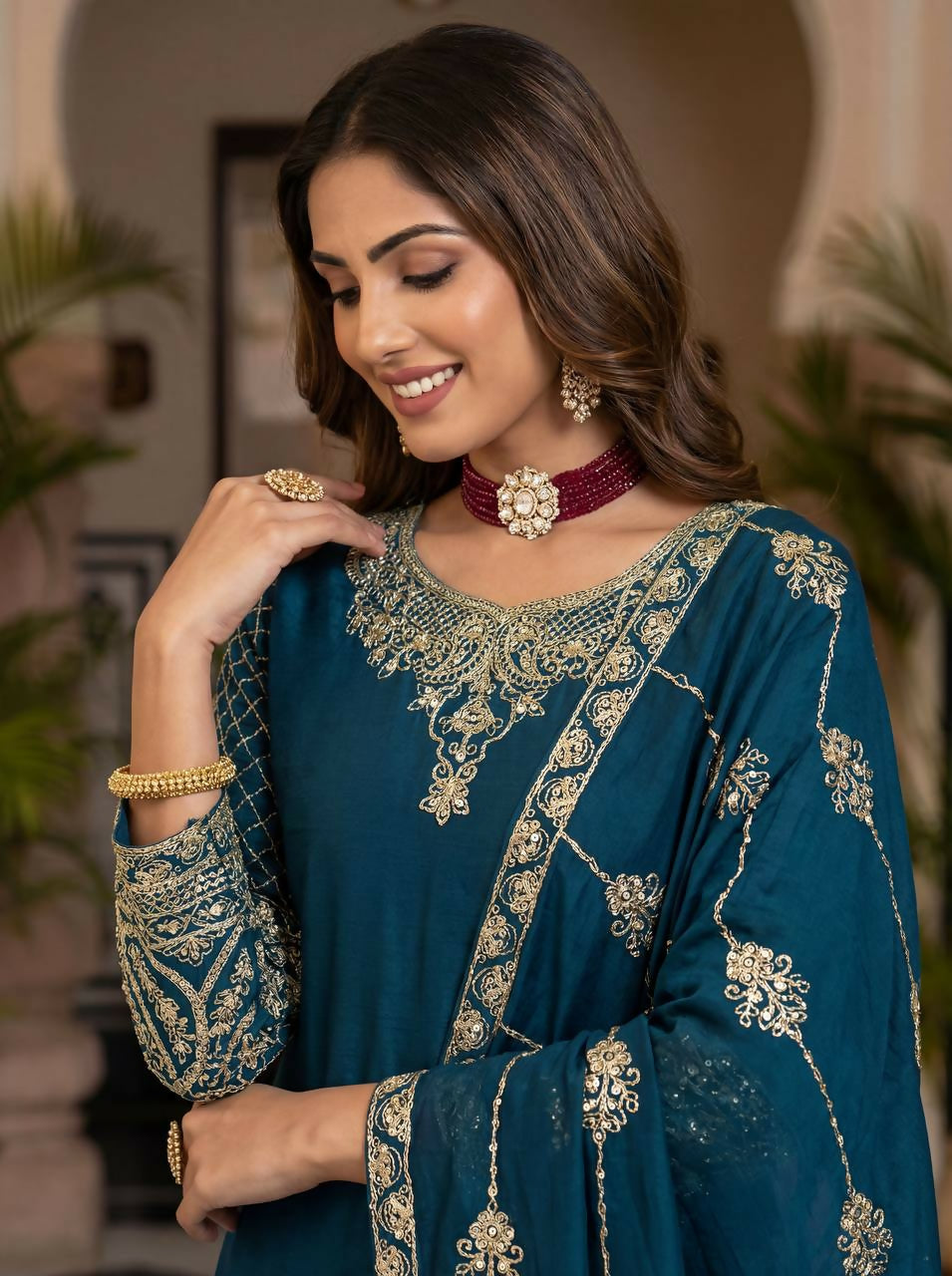 Teeya Creation Teal Chinon Silk Designer Wedding Wear Embroidery Work Palazzo