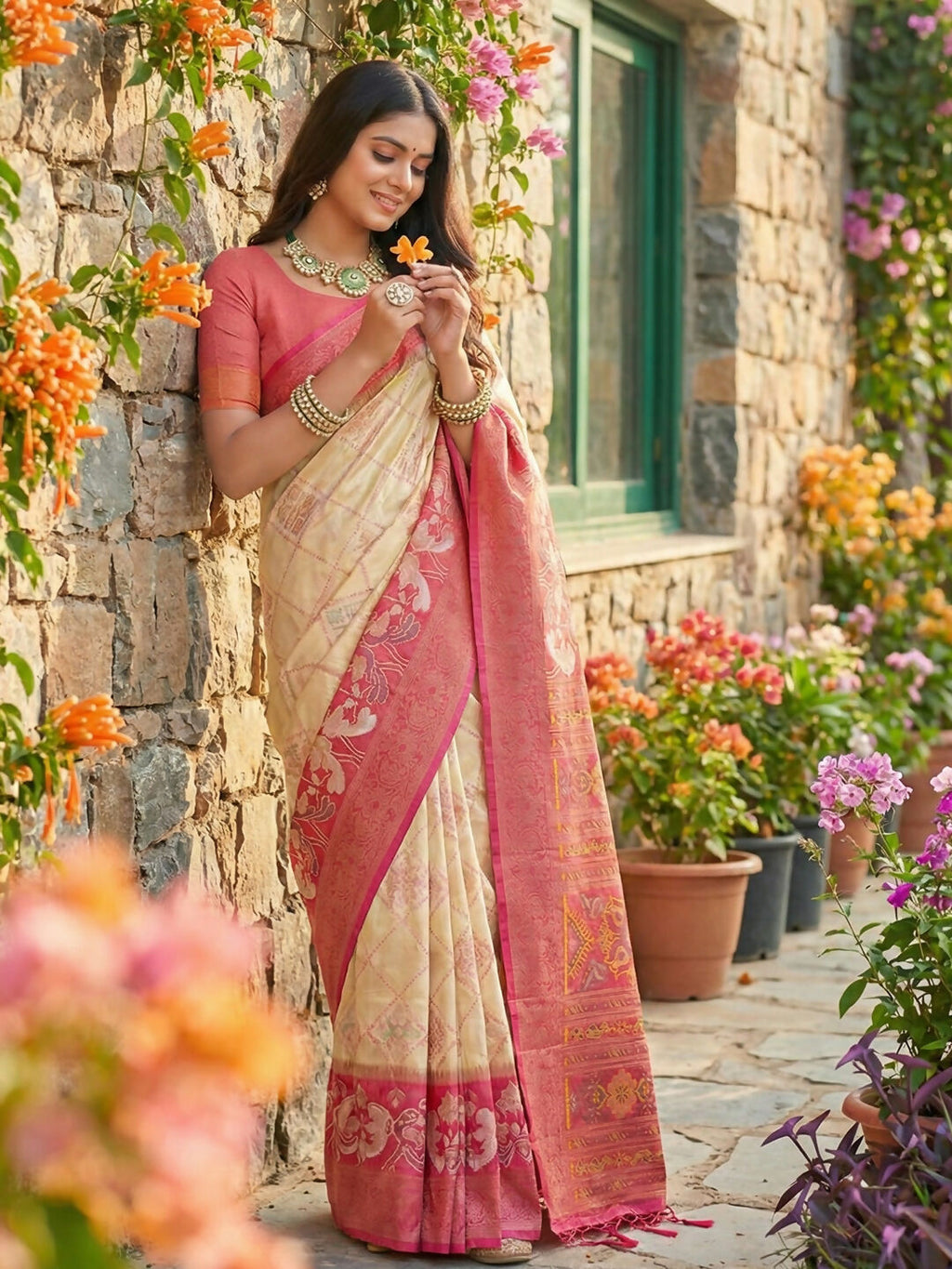 Shree Shyam Fashion Cream Pochampally Silk Saree