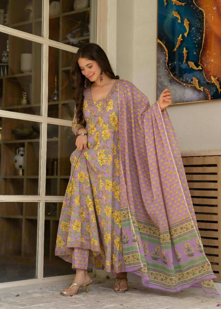 Jaimini Women Cotton Printed V-Neck 3/4 Sleeves Calf Length Flared Kurta Pant And Dupatta Set